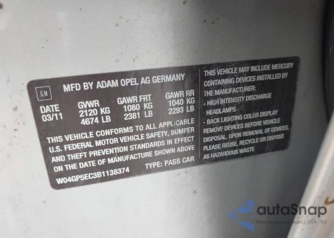 2011 Buick Regal Cxl Russelsheim from USA, damaged, VIN W04GP5EC3B1138374